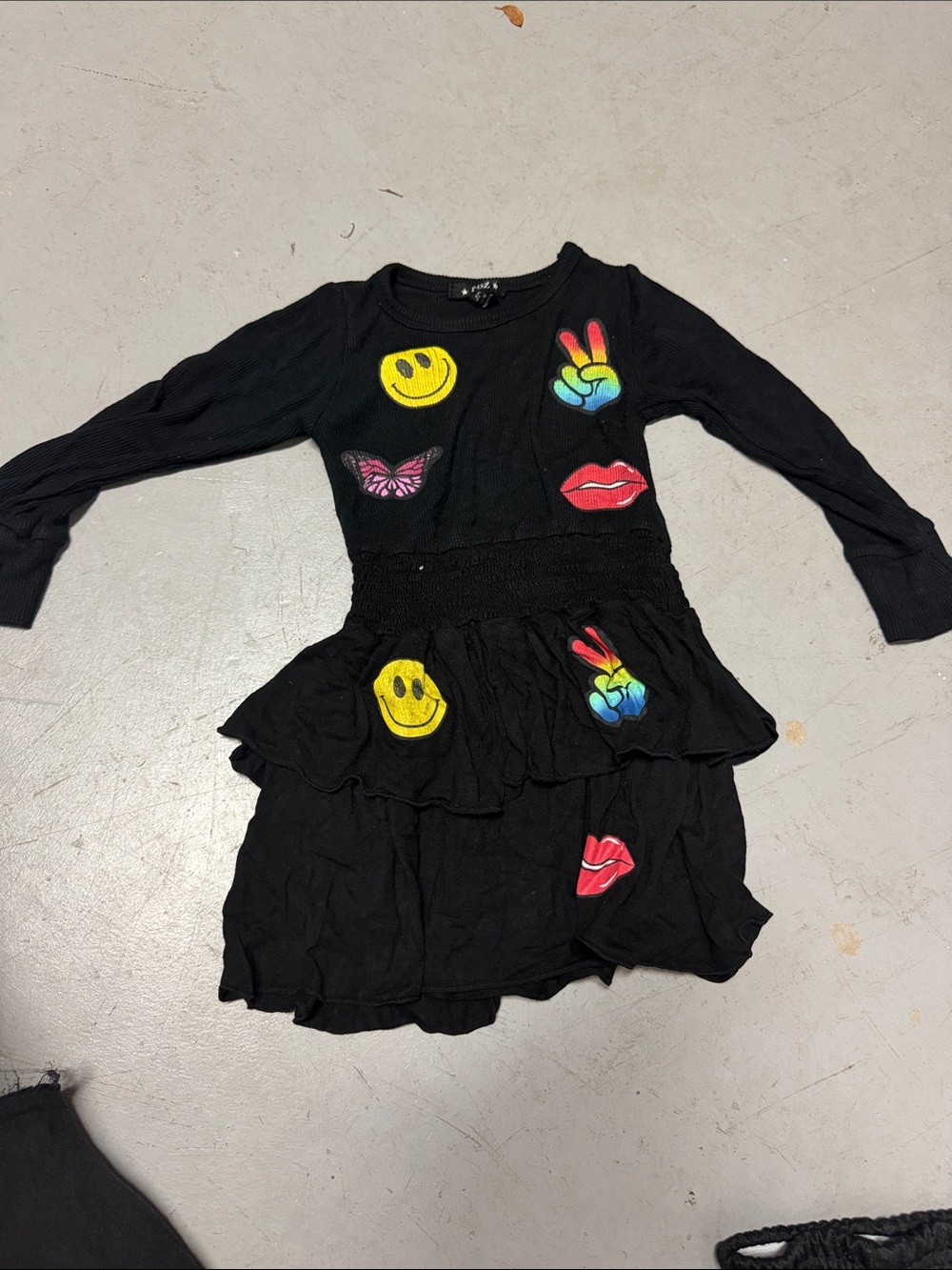 Flowers by Zoe Black Tiered Dress with Rainbow Patches